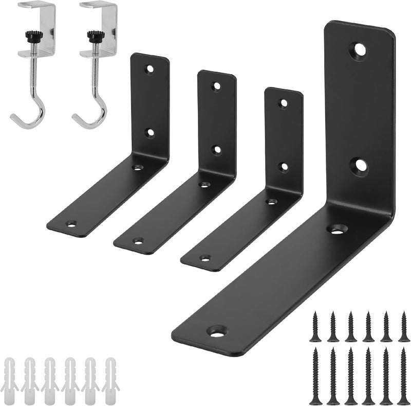 Redunest L Floating Shelf Brackets,4 Pack Heavy Duty L Brackets for Shelves, L 6" X H 4" Black Metal Countertop Support Brackets,Wall Mounting for Wood - Image 1